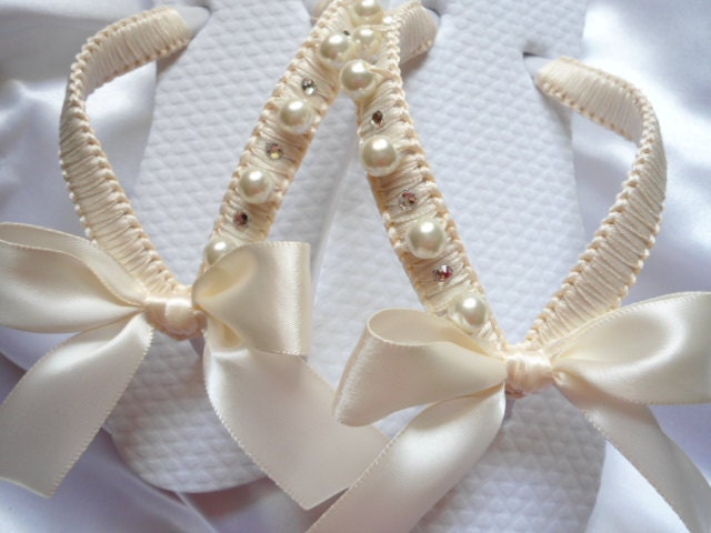 Flower Girl Bridal flip flops - Decorated Ivory bridal flip flops in ...
