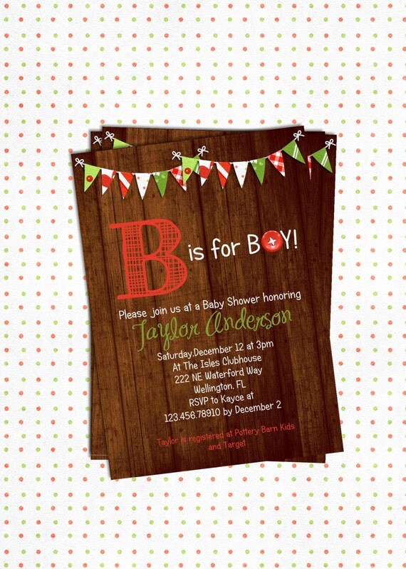 Rustic Christmas Baby Boy Shower Invitation B is for Boy Printable Invite Il_570xn