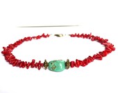 Coral and Turquoise Necklace, Red Coral with Turquoise Summer Necklace, Red and Blue Beach Jewelry, Short Statement Necklace