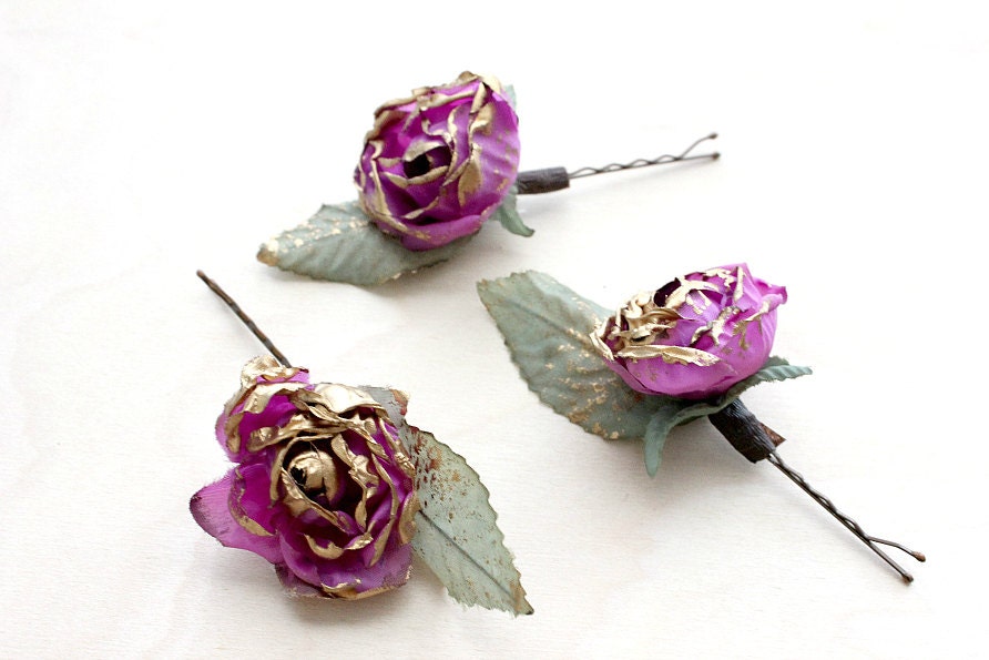 Purple And Gold Rose Flower Hair Pins Weddings By Rosesandlemons