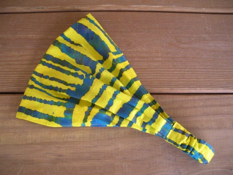 Womens Fabric Headband Headwrap Womens Fashion Hair Accessories in Yellow Batik with Teal Stripes pattern