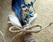 Rustic Navy and Twine Boutonniere / Custom orders welcome / Vintage boutonniere set / Feather boutonniere