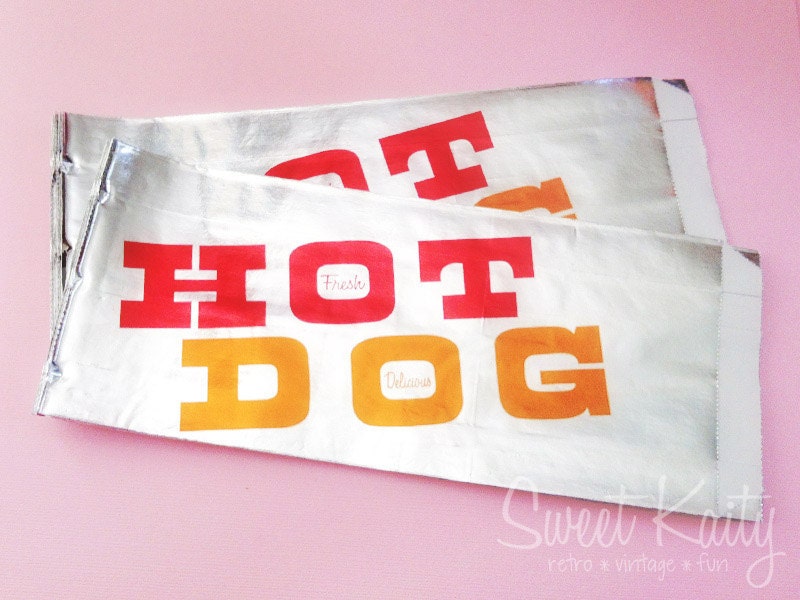 50 Foil Hot Dog Bags - Vintage Style Paper Lined Foil Hot Dog Bags - Red and Orange - Fresh and Delicious - Wedding Birthday Party Carnival Il_570xn