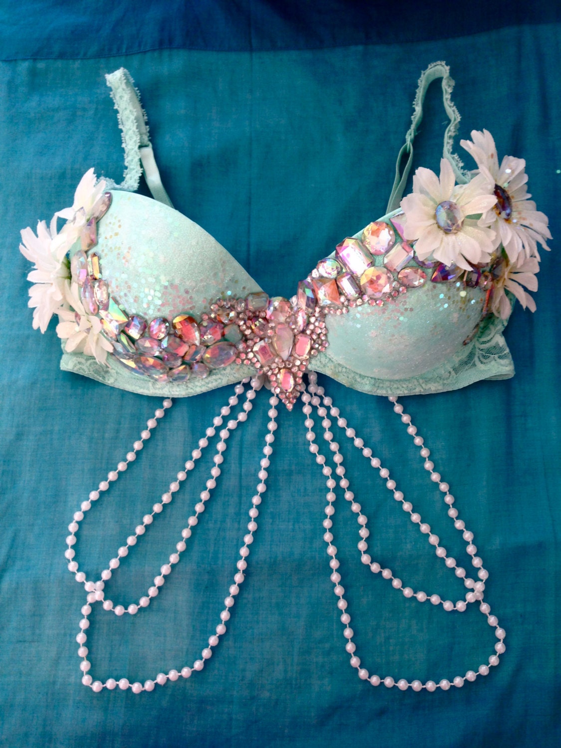 Sparkle Blue Daisy Rave Bra 36C (Can be made in any size)