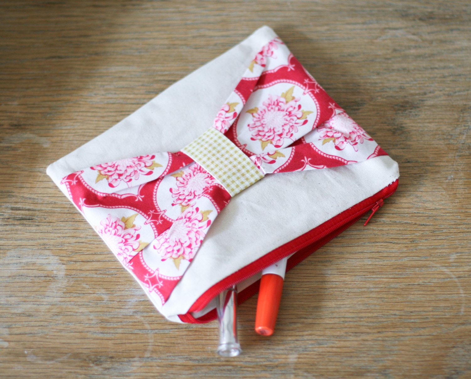 Shabby Chic Cosmetic Pouch Make Up Bag - Linen with Tilda Fabric Bow