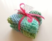 Blue Green Stripe Cotton Dish Cloths - Set of 2