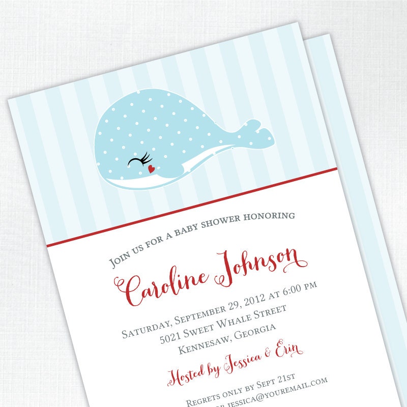 Sweet Whale Baby Shower Invitation - PRINTED - Printable file also available Il_570xn