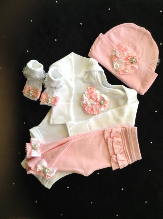 Newborn baby girl take home outfit complete by BeBeBlingBoutique