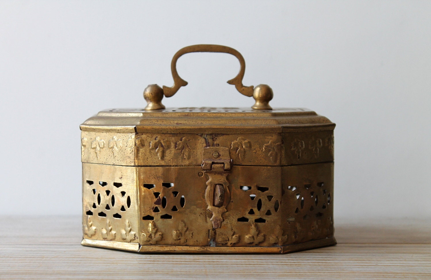Large vintage brass trinket box / keepsake box / global style / home decor / boho / gypsy / verdigris / patina / tribal style home decor - WhiteDogVintage