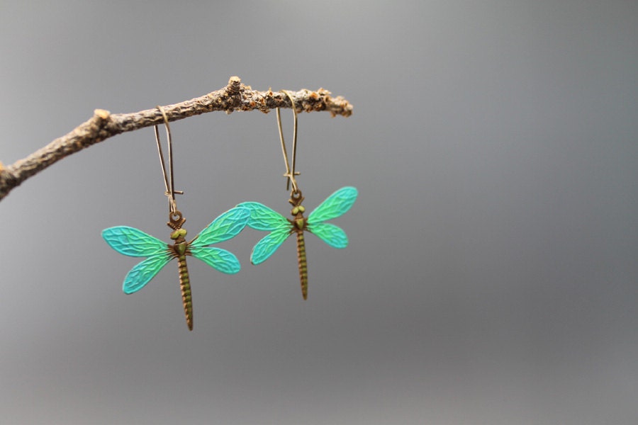 Dragonflies, turquoise blue, brass earrings, dangle earrings, summer, gifts to her