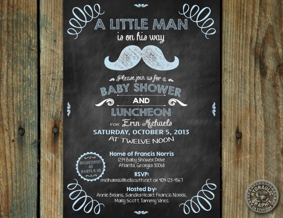 Little Man theme Baby Shower Chalkboard Invitation with mustache and vintage details - baby blue boy Il_570xn