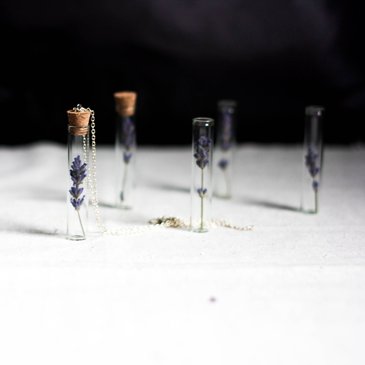 bridesmaids necklaces. botanical vial necklace preserved specimen corked top romantic lavender - StudioBotanica