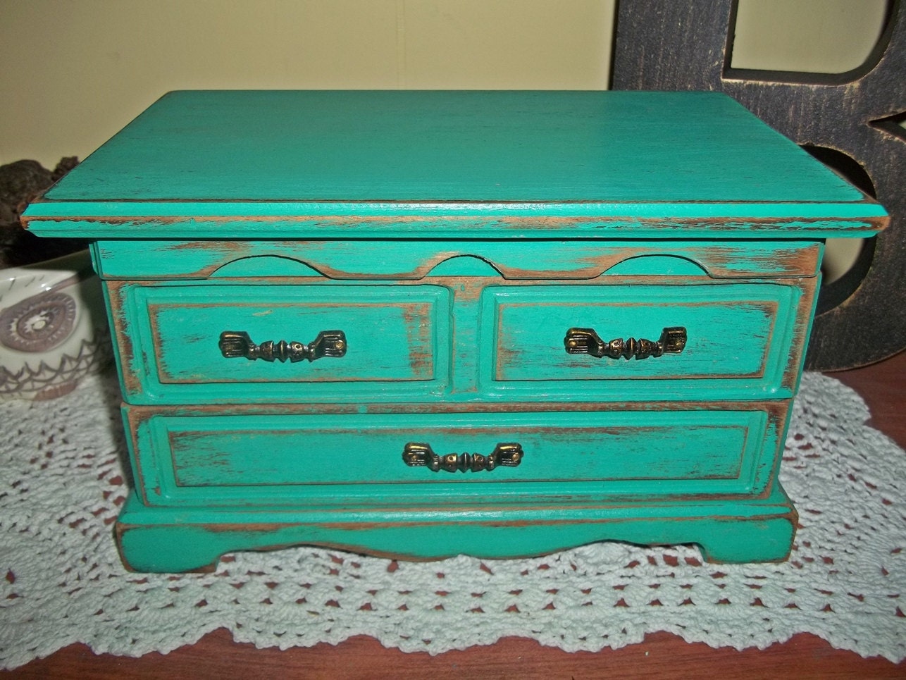 Shabby Chic wooden Jewelry Box in Teal