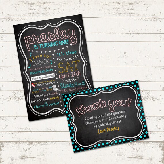 First Birthday Invitation & Thank U Card Set - My Favorite Things - Blackboard, Chalkboard - Custom, Digital, Printable Designs Il_570xn