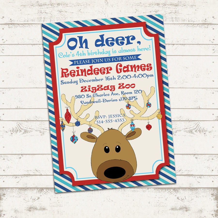 Custom Christmas Party Invitation - 7X5 printable download - Reindeer Games Holiday / Birthday party, colorful, striped postcard Il_570xn
