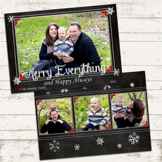Christmas Photo Card - 5x7 printable download - Merry Christmas, blackboard, photo card, holiday, 3 photo, snowflakes, 2 sided Il_570xn