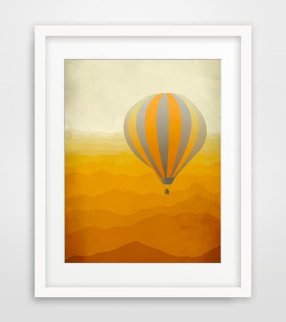Hot Air Balloon Art Print, Nursery Decor, Children's Art, Whimsical Art - Orange and Grey