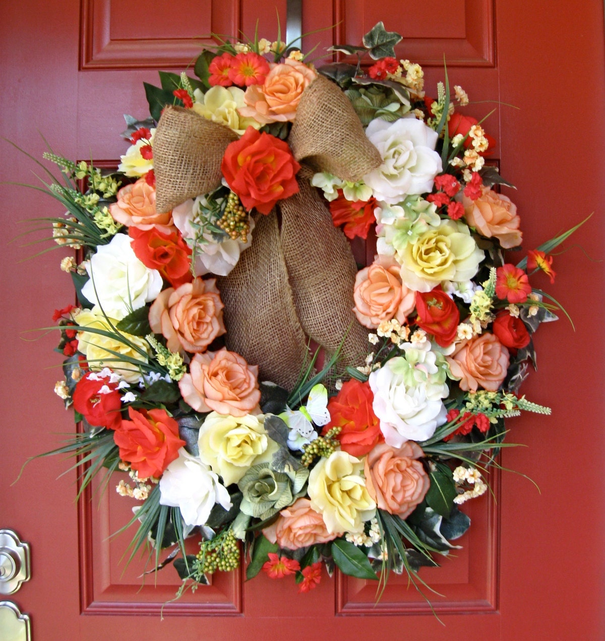 ON SALE Sunshine Rose Garden Wreath, Yellow, Coral, Orange, Peach, red, X-Large