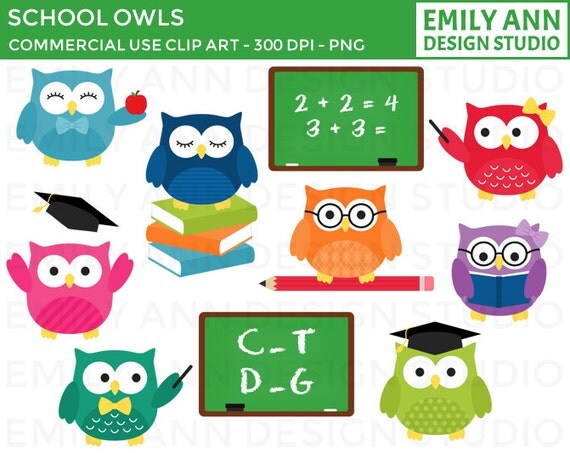 DOLLAR SALE Black Friday Cyber Monday - Owls School Teacher Graduation Cute Clip Art - pencil books reading bow ties bows - Commercial Use Il_570xn