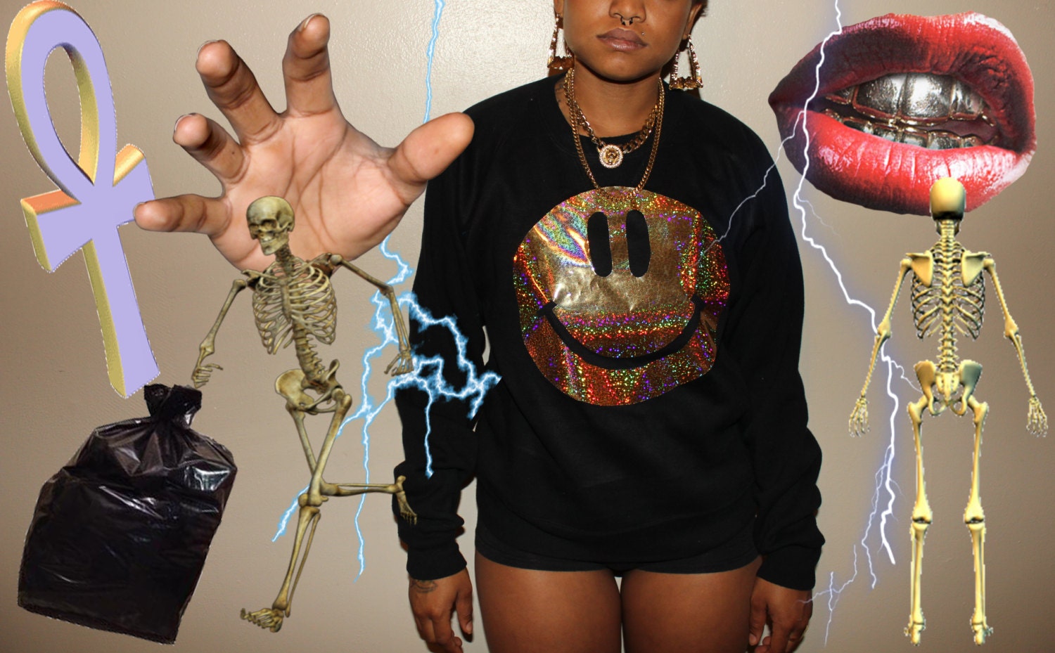 90s holographic gold smiley face sweat shirt