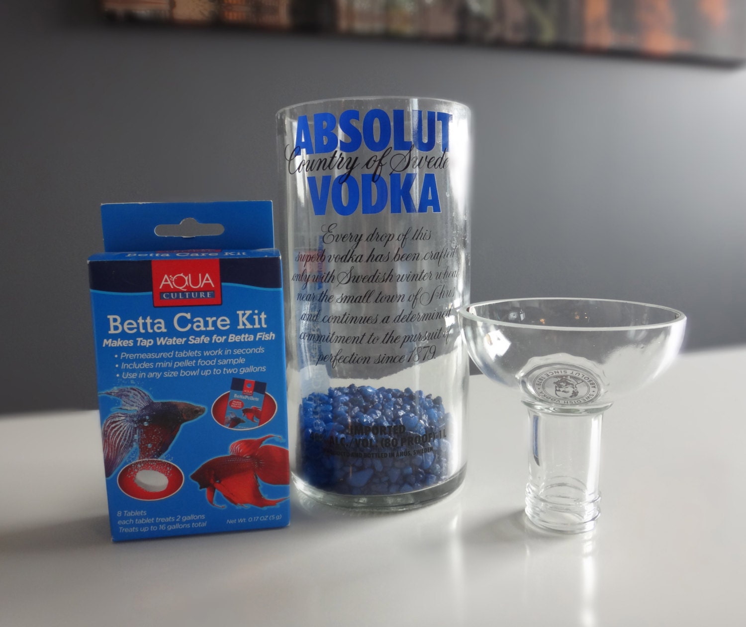 Blue Glass Absolut Vodka Bottle Betta Fish Tank Aquarium - Complete Kit