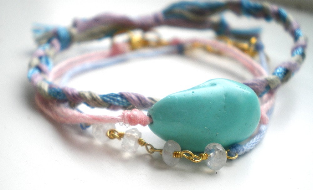 Stacking Bracelets Set- Turquoise Bracelet, Moonstone Bracelet, Metallic Braided Thread Bracelet