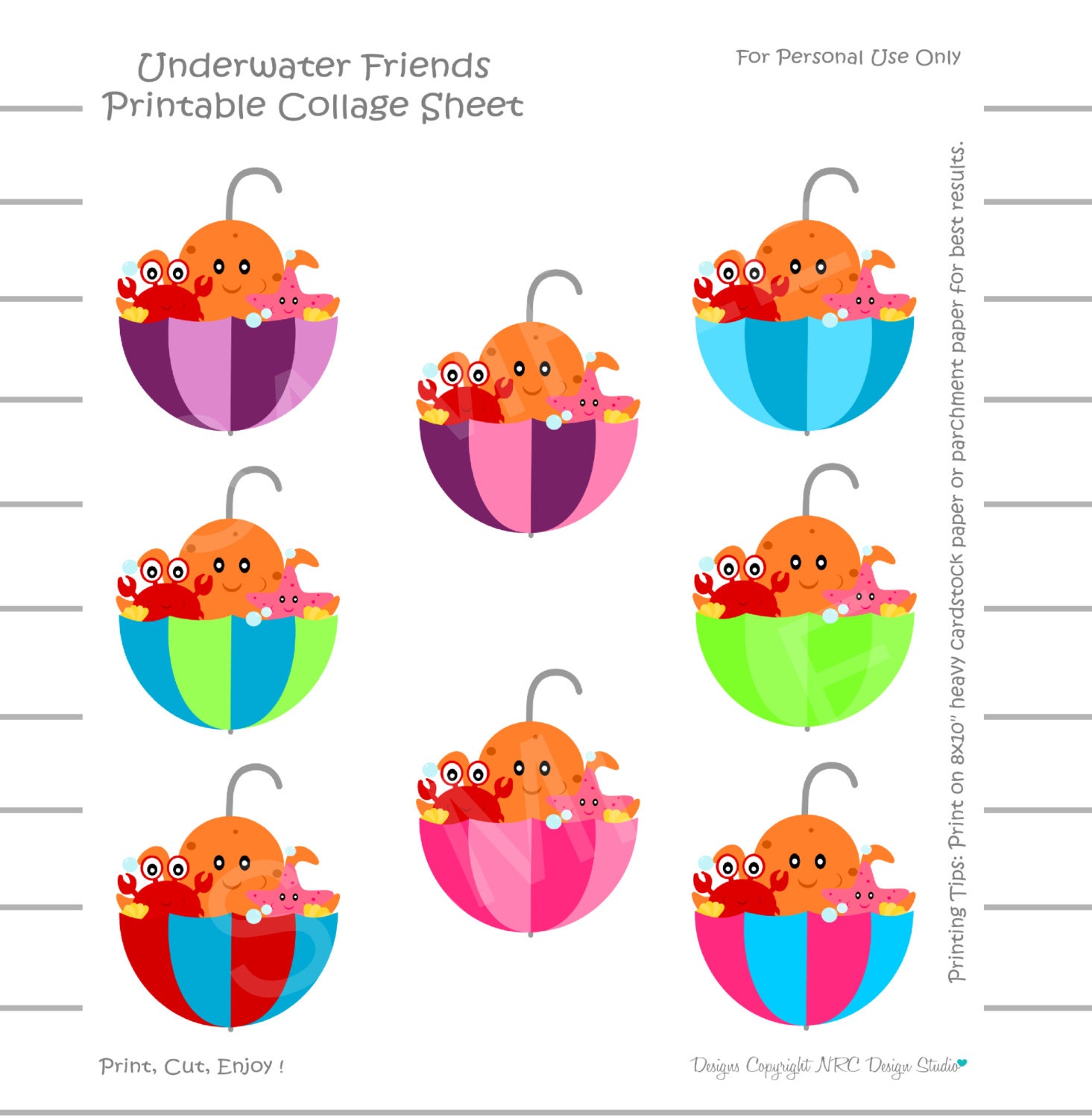 WINTER SALE - Underwater Friends Printable Collage Sheet - Great for Cupcake Toppers, Teachers and Banners Il_570xn