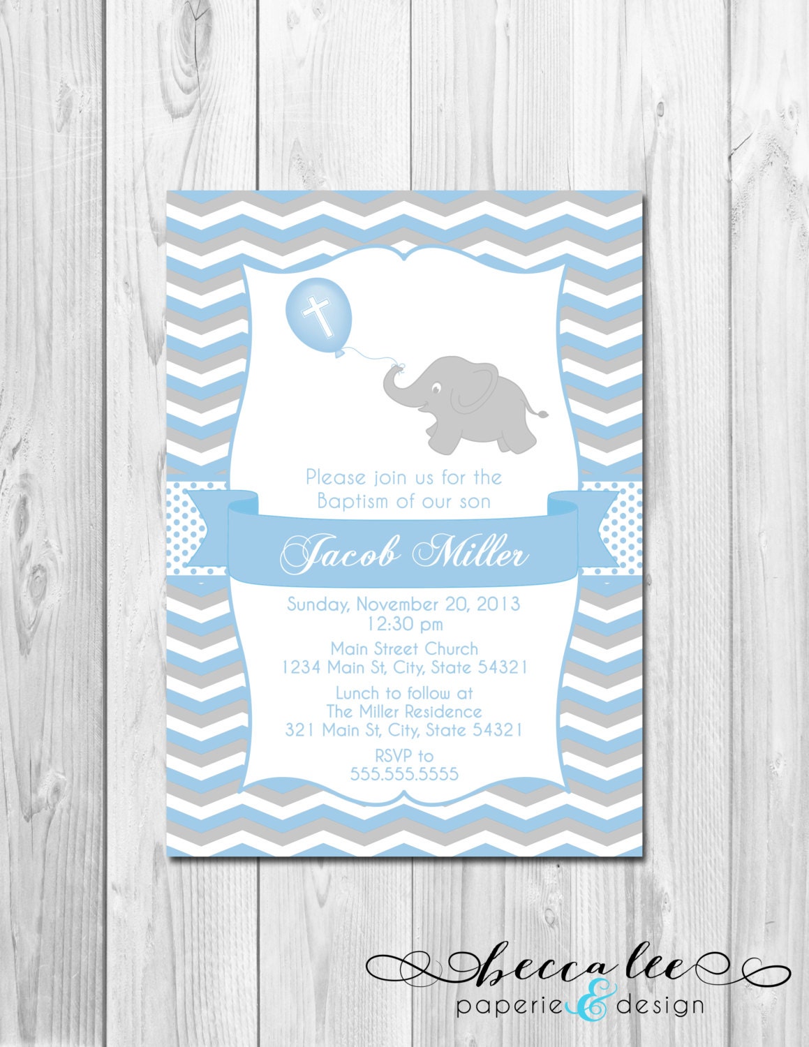 Little Elephant Baptism Invitation - Blue Grey and White Chevron Stripes - DIY - Printable Il_570xn