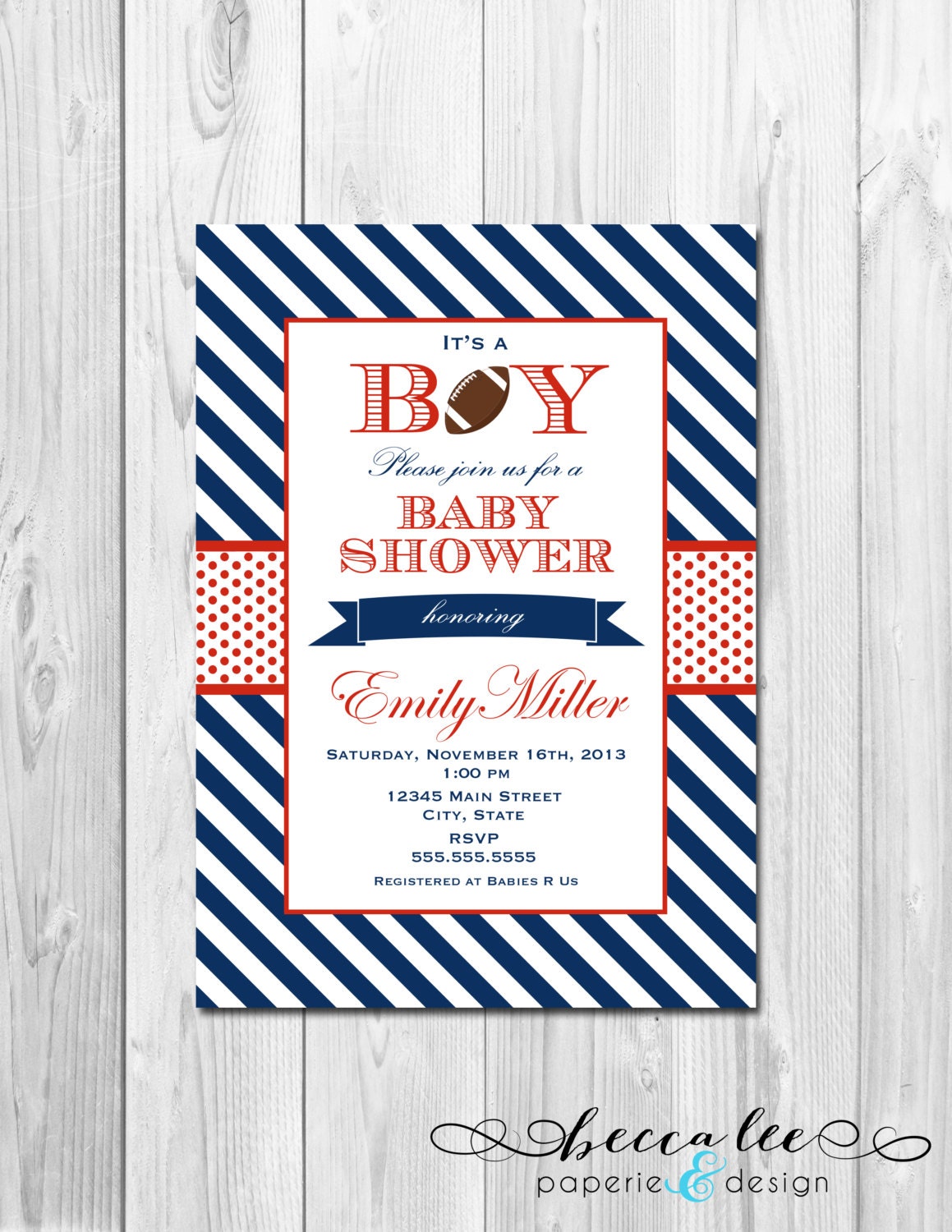 Football Baby Shower Invitation - Stripes - Patriots Colors - DIY - Printable Il_570xn