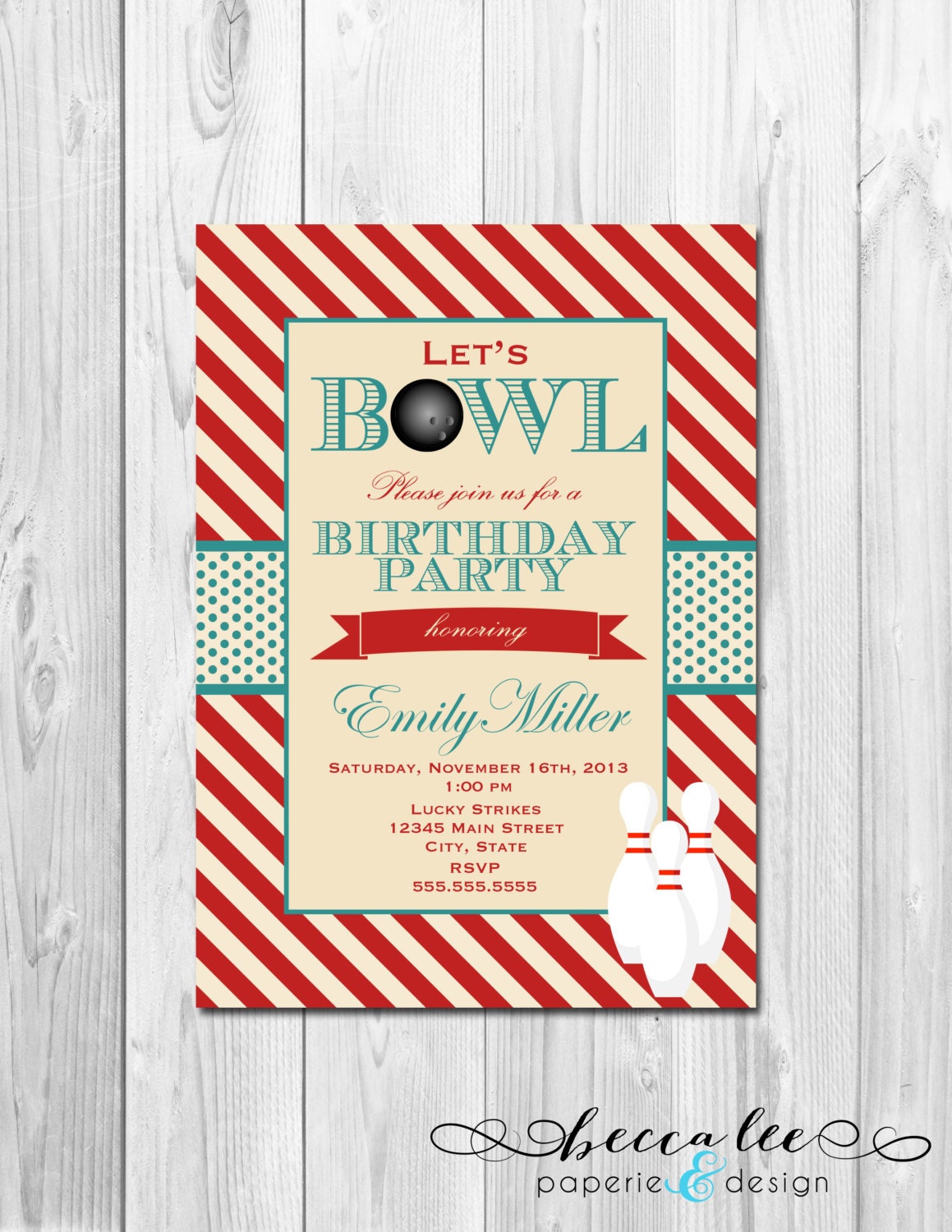 Bowling Party Invitation - Stripes - Red Cream and Blue - DIY - Printable Il_570xn