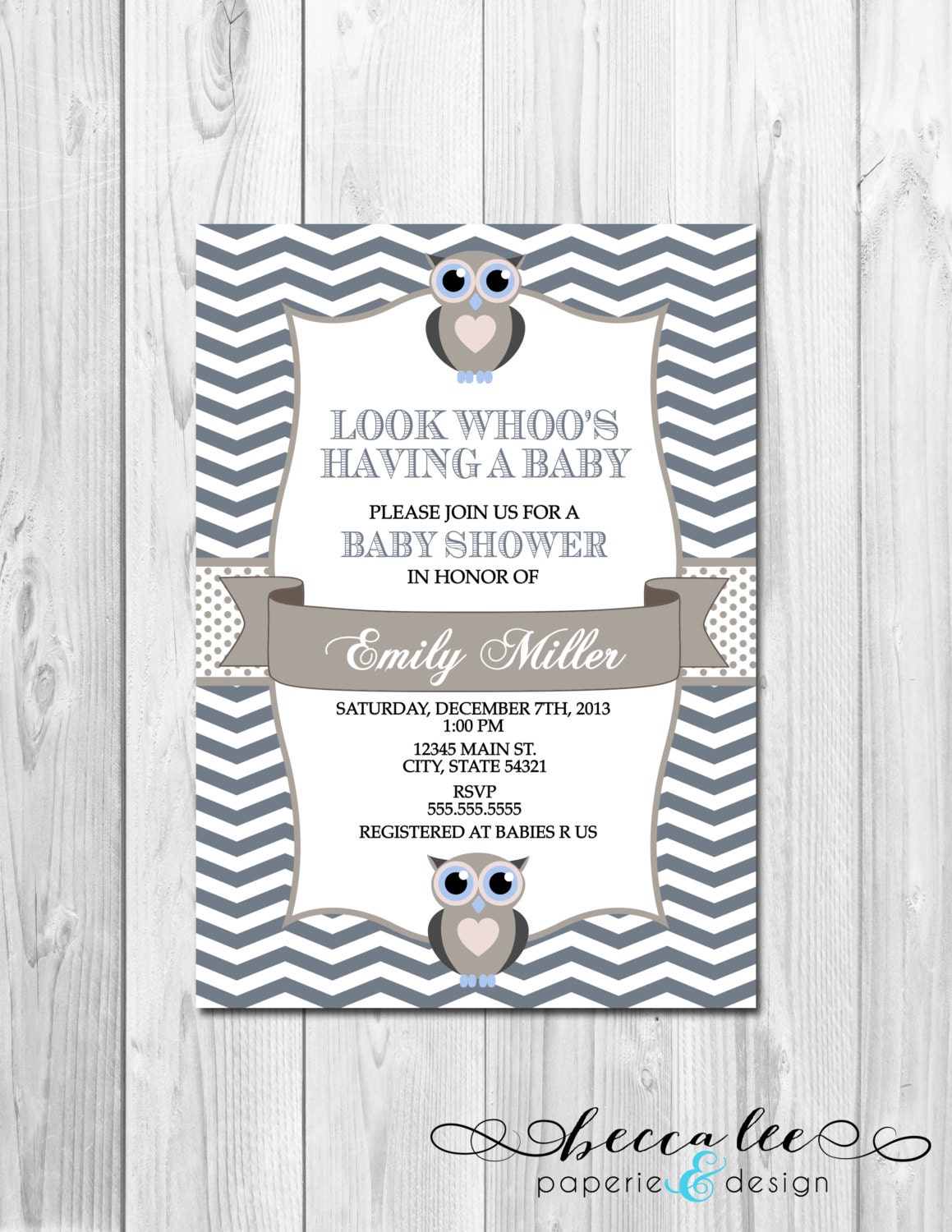 Look Whoo's Having a Baby Shower Invitation - Winter Colors - Grey and Blue - Chevron Stripes - DIY - Printable Il_570xn