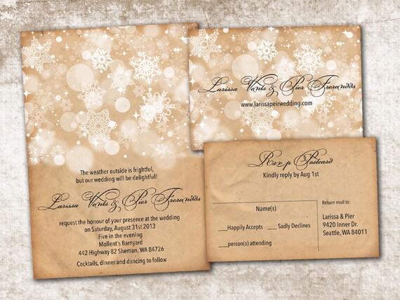 Wedding Invitation and RSVP Card Suite - Vintage Rustic White Winter Snow Flakes Personalised Double Sided Print