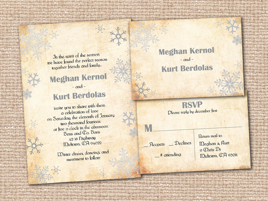 Wedding Invitation and RSVP Card Suite - Vintage Silver Winter Snow Flakes Personalised Double Sided Print