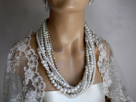 Chunky Layered Ivory Pearl Necklace With Rhinestones Brides