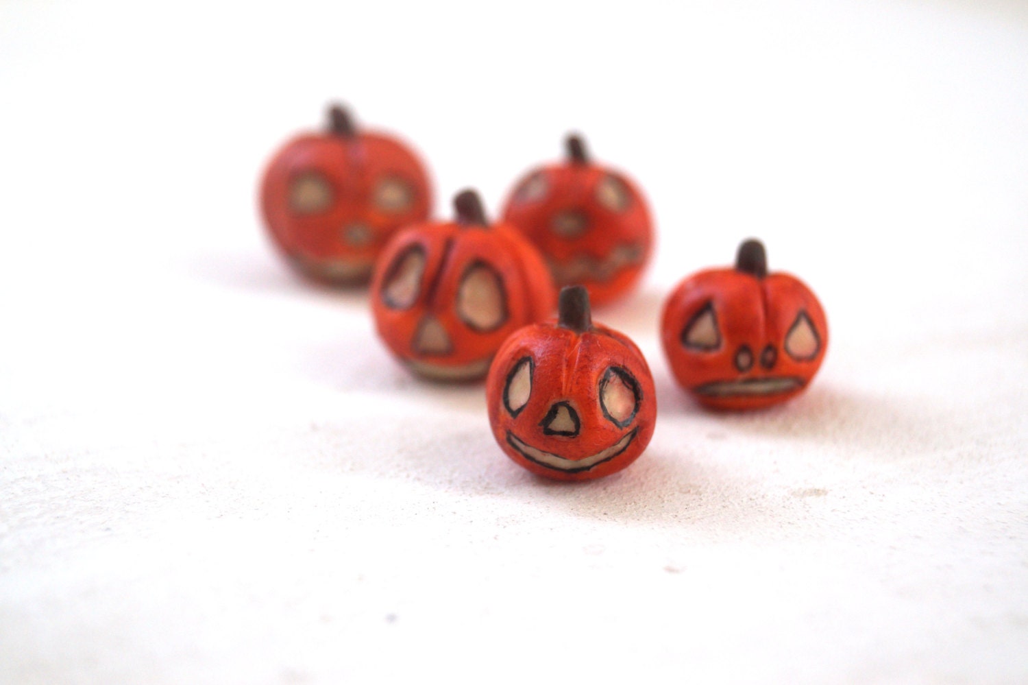 Halloween Spooky Pumpkins Jack o Lantern Handmade Glow In The Dark, Set Of 5 Miniature Polymer Clay - PolymerClayProject