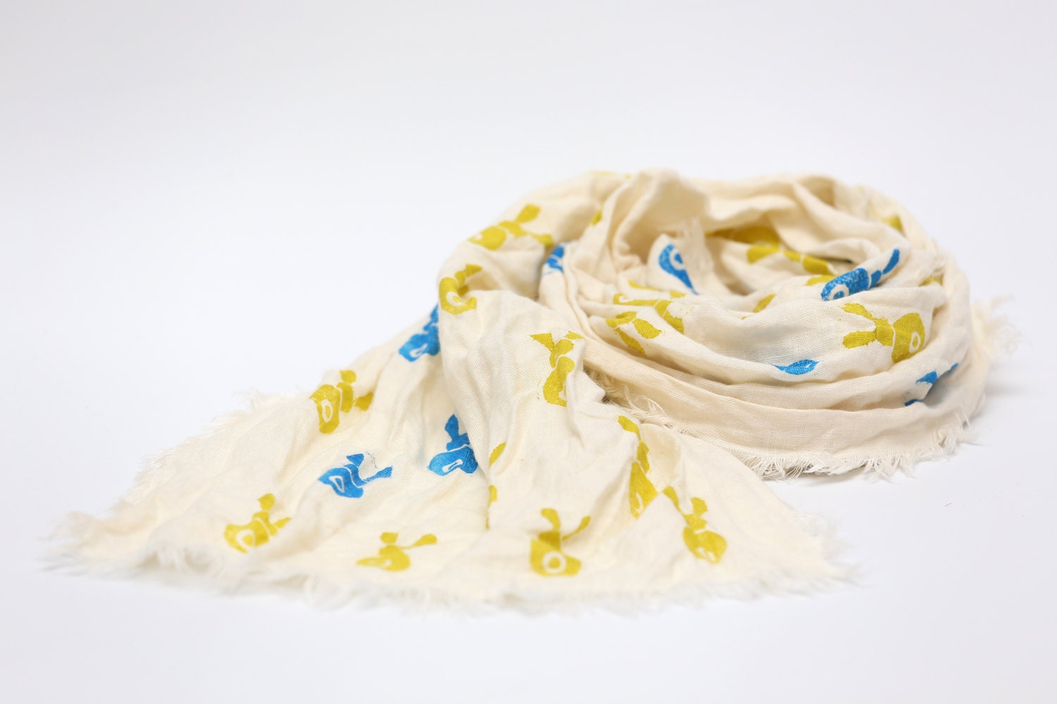 Toddler scarf, natural linen scarf, autumn spring scarf, eco friendly 140x30cm (55.1x12inch), blue and yellow bunny blockprint. - ZanziBach