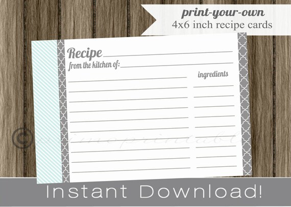 Printable Recipe Cards light blue and gray INSTANT DOWNLOAD digital Print Your Own, DIY, 4x6 inch Il_570xn