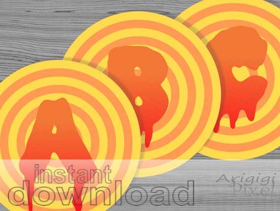 large Halloween alphabet number circle 6 in, orange dripping alpha, printable PDF files, party printables, instant download Il_570xn