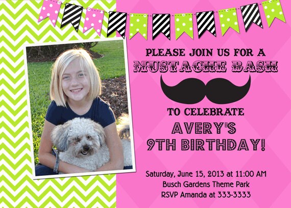 Mustache Bash Pink and Green Birthday Party Invitations - Printable Il_570xn