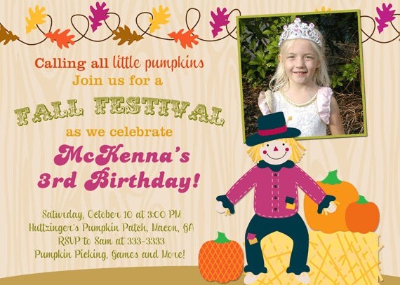 Pink Fall Festival with Pumpkins & Scarecrow Birthday Party Invitations - printable Il_570xn