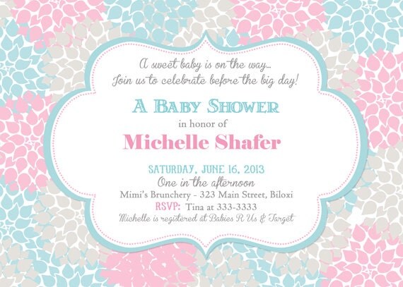 Modern Floral Blue Pink and Grey Baby Shower Invitation - Printable Il_570xn