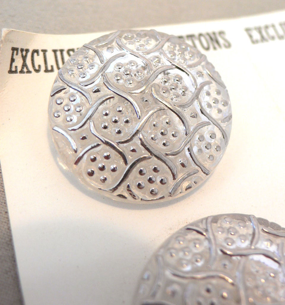 6 big ornate silver vintage glass buttons 1930's 1940's unused on original card