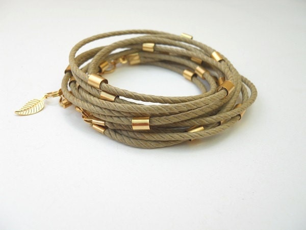 Beige cotton cord with gold plated tube beads - 3X wrap bracelet - Annikaloveforwraps