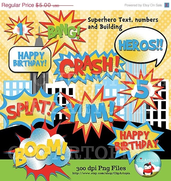 ON SALE Superhero Text, Number and Building Clipart Comic Book Personal and Commercial Use / INSTANT Download Il_570xn