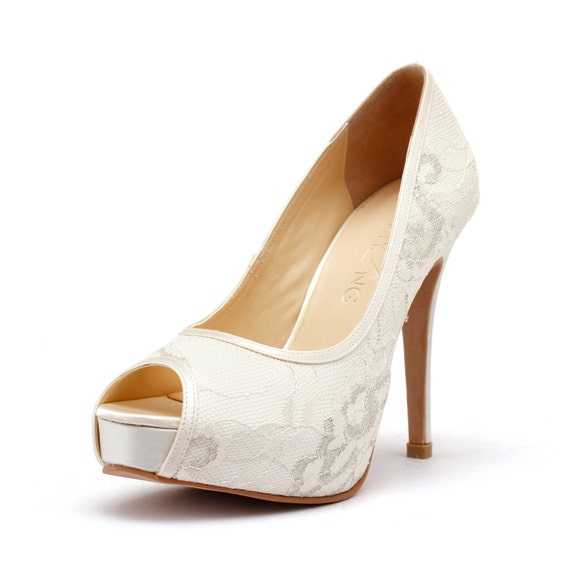 white lace open toe heels