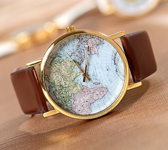 World Map Watch, Unisex Watch, Leather Watch (WAT0124) - VintageLovers2012