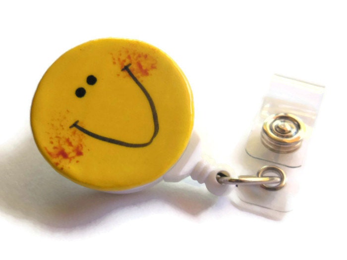Happy Face Badge Reel Holder in Bright Yellow, ID Retractable Reel Clip for Nurses, Teachers, LVN, cna, rn, Quilting Scissor Holder - ThisOnesMineDesigns