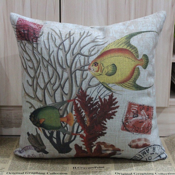 45x45cm Yellow Fish Sea Grass Sea Life Linen Cushion Covers Pillow Cases Red Coral