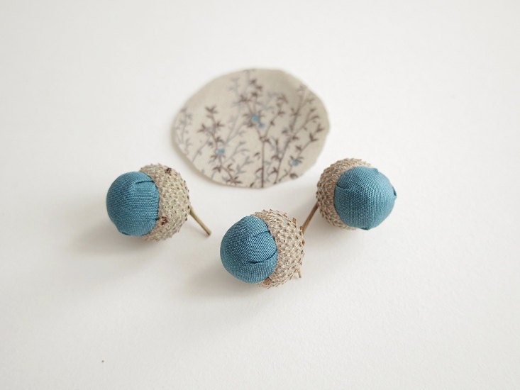 6 blue minimalist handmade fall fabric acorns, forest natural decor, woodland home decoration, office accessories - sakamama