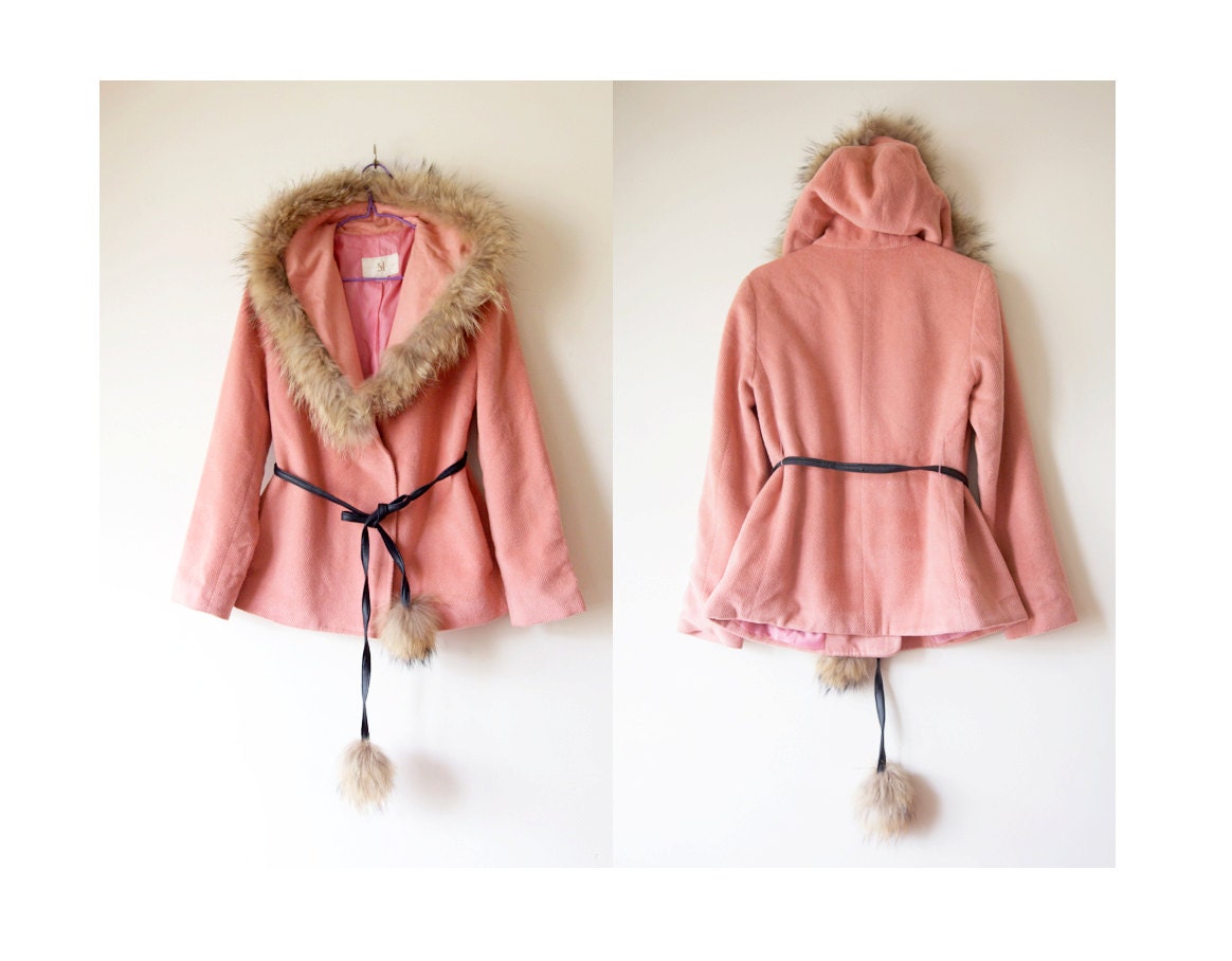 Vintage Salmon Pink Korean Wool Fur coat with Pompom Belt - DimmSummVintage